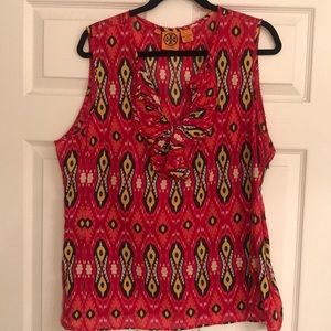 Tory Burch Red Patterned Top with Ruffle Front